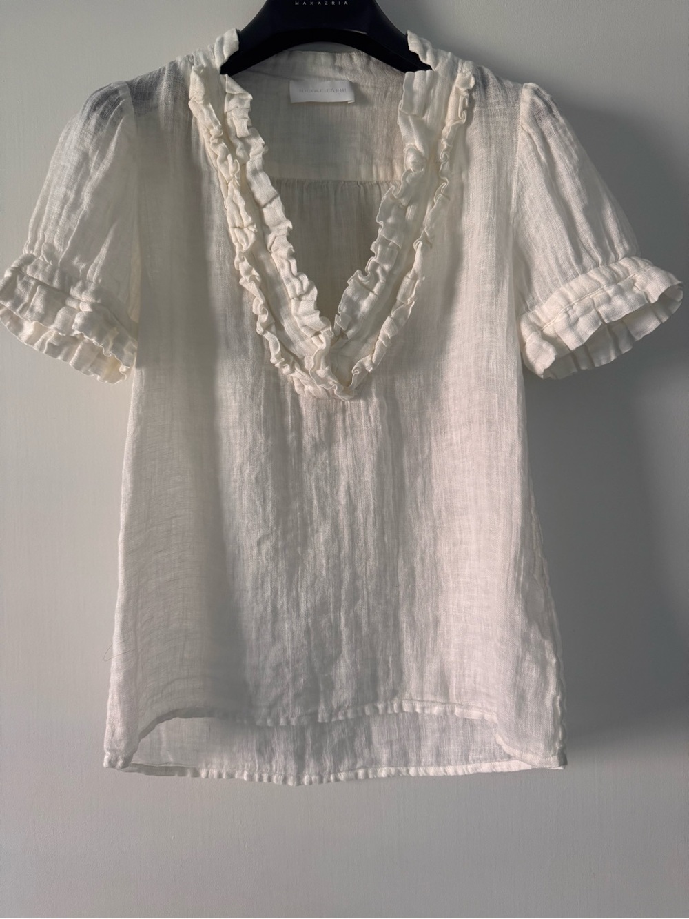 Nicole Farhi Lightweight White Ruffle V-Neck Linen Top US 4